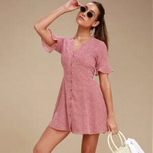 Lulu’s Castana Rust Red Print Button-Up Short Sleeve Dress XS